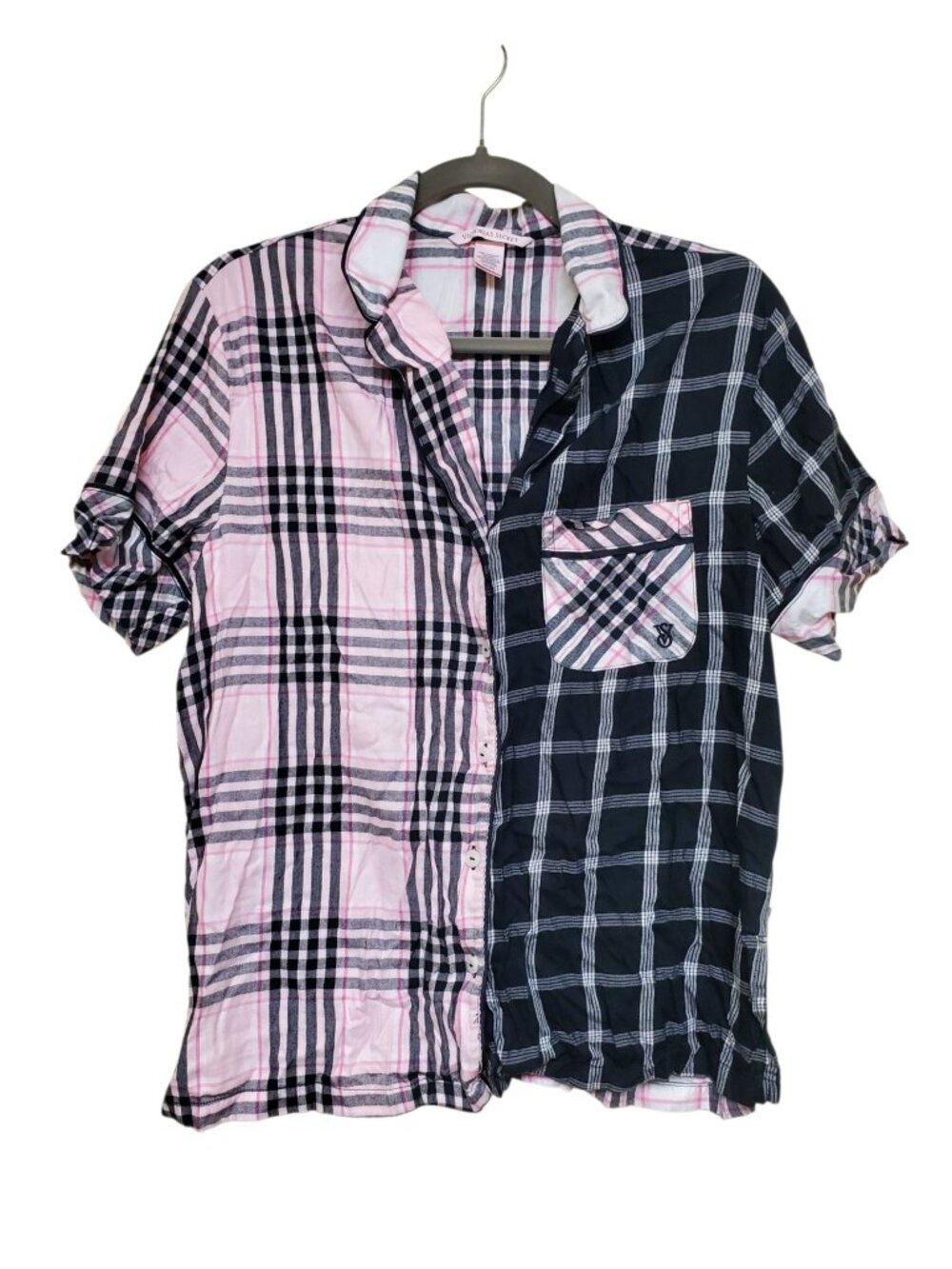 Victoria's Secret Pink Black Mixed Print Plaid Short Sleeve Flannel PJ Top Sz S